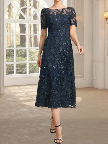 A-line Scoop Illusion Tea-Length Lace Mother of the Bride Dress With Sequins