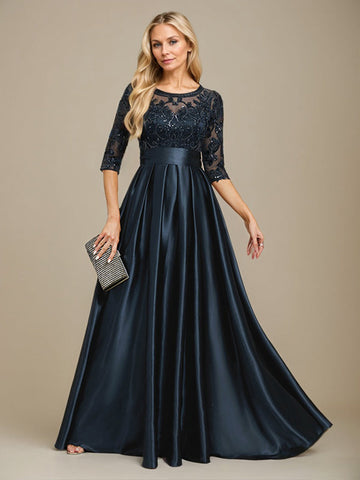 A-line Scoop Illusion Floor-Length Stretch Satin Lace Mother of the Bride Dress With Bow Sequins