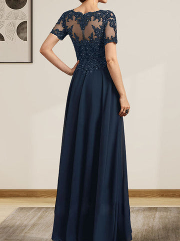A-line Scoop Illusion Floor-Length Chiffon Lace Mother of the Bride Dress With Sequins Beading