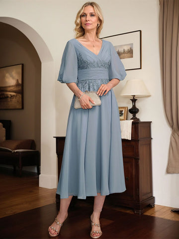 A-line V-Neck Tea-Length Lace Chiffon Mother of the Bride Dress With Pleated