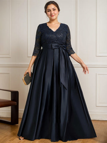 A-line V-Neck Floor-Length Satin Lace Mother of the Bride Dress With Sequins Bow