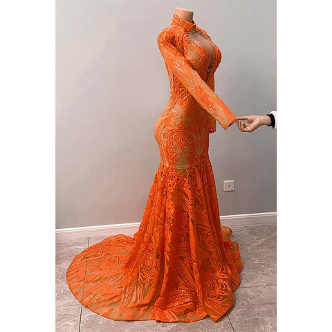 Robe de bal sirène américaine unique à col haut et manches longues avec appliques de paillettes 