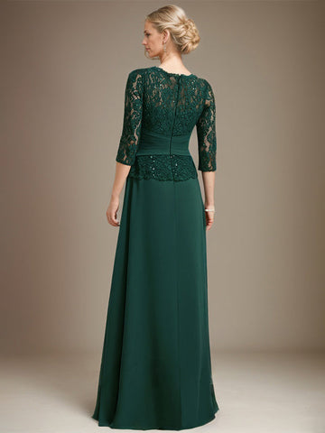 A-line Scoop Illusion Floor-Length Chiffon Lace Mother of the Bride Dress With Pleated Sequins Beading
