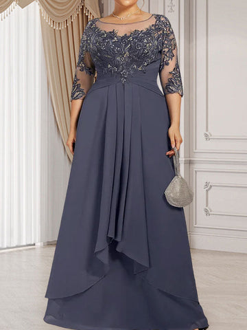 A-line Scoop Illusion Floor-Length Lace Chiffon Mother of the Bride Dress With Cascading Ruffles