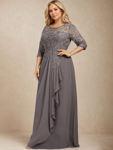 A-line Scoop Illusion Floor-Length Lace Chiffon Mother of the Bride Dress With Cascading Ruffles