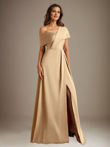 A-Line Asymmetrical Neckline Floor-Length Satin Mother of the Bride Dress With Pleated