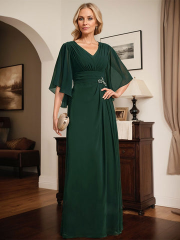Sheath/Column V-Neck Floor-Length Chiffon Mother of the Bride Dress With Pleated Sequins Beading
