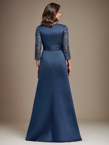A-Line Scoop Floor-Length Lace Satin Mother Of the Bride Dress With Applique