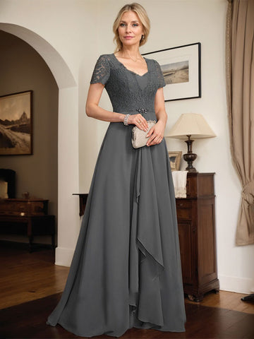 A-line Sweetheart Floor-Length Chiffon Lace Mother of the Bride Dress With Beading Cascading Ruffles