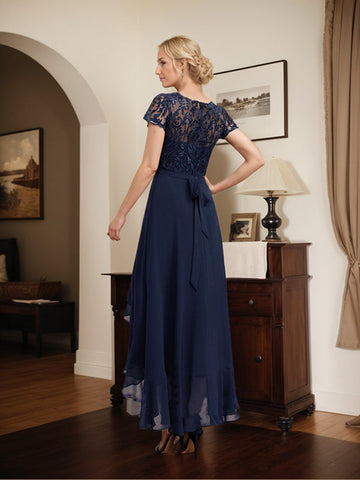 A-line Scoop Illusion Asymmetrical Chiffon Lace Mother of the Bride Dress With Bow Ruffle Sequins