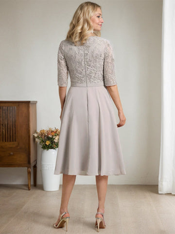 A-line Scoop Knee-Length Lace Chiffon Mother of the Bride Dress