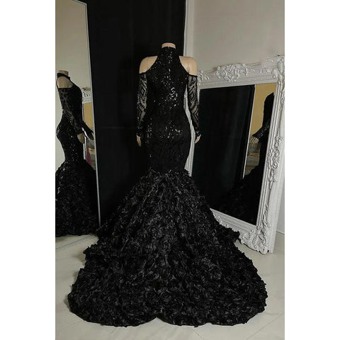 Vestido de fiesta de corte trompeta/sirena con escote en V, encaje, lentejuelas, cremallera y mangas largas para una noche negra