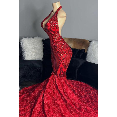 Robe de bal sirène/trompette à col en V et paillettes en dentelle, dos nu, sans manches