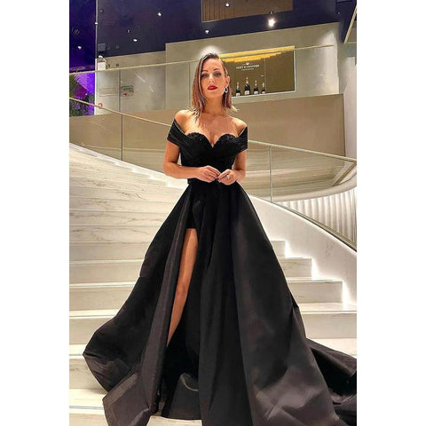 Robe de bal longue trapèze froncée à paillettes et épaules dénudées