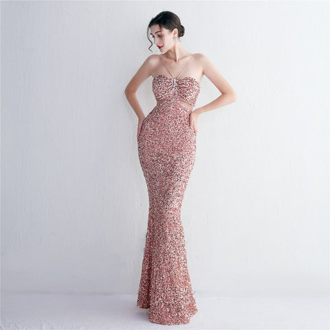 Bottom Sequin Suspender Party Sequined Dress Long Banquet Slim Fit Evening Dress Elegant