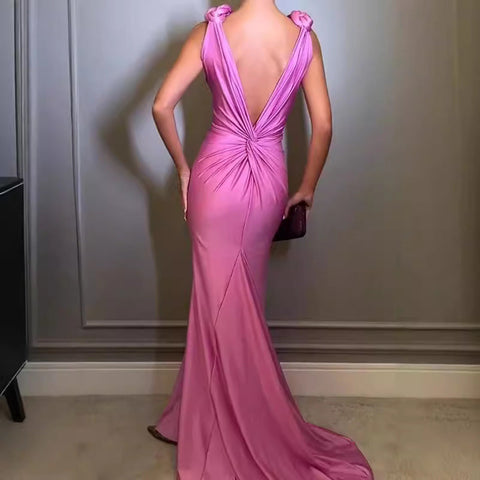 Deep V Sleeveless Backless Solid Color Prom Dress