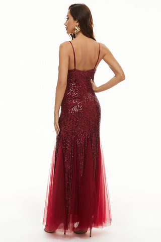 Robe de bal longue fourreau à fines bretelles et sequins noirs