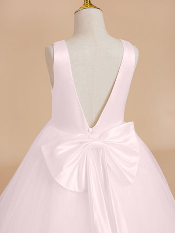 Classic White A-line Sleeveless Satin and Tulle Flower Girl Dress