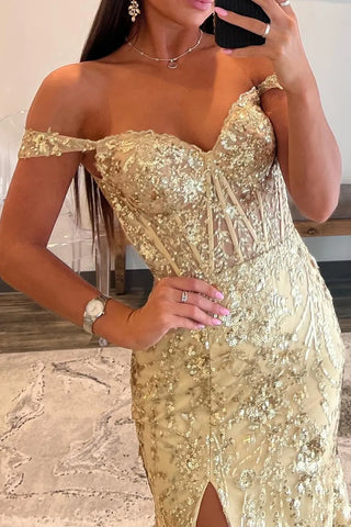 Sparkly  Off the Shoulder Mermaid Sequins Long Prom Dress with Slit