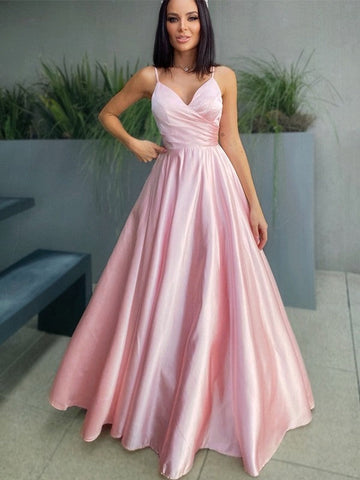 A-line Pink Spaghetti-Straps V-neck Long Prom Dress