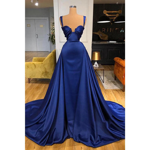 Vestido de noche formal largo de corte A con pliegues y tirantes dobles 