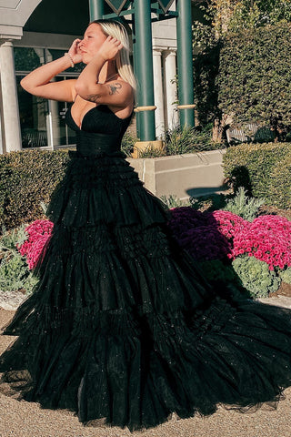Tulle Tiered Spaghetti Straps Long Prom Dress with Slit