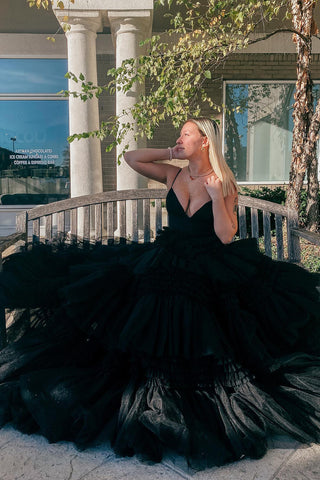 Tulle Tiered Spaghetti Straps Long Prom Dress with Slit