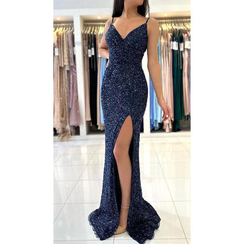 Vestido de fiesta largo de sirena con escote en V, tirantes finos y lentejuelas