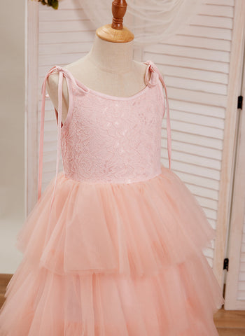 A-line Lace Tulle Floor-length Pink Dress (010220942)