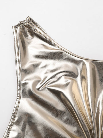 Skinny Sleeveless Asymmetric Pleated Shiny Split-Back Split-Joint One-Shoulder Evening Dresses Maxi Dresses