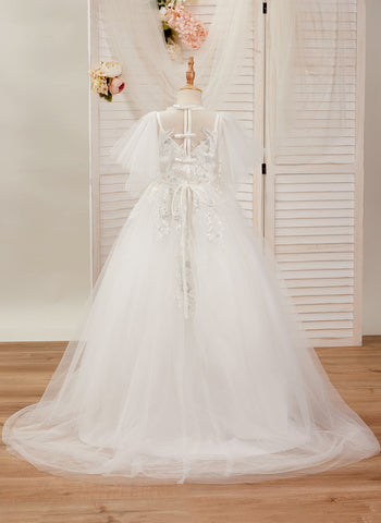 A-line Tulle Sweep Train Ivory First Communion Flower Girl Dress