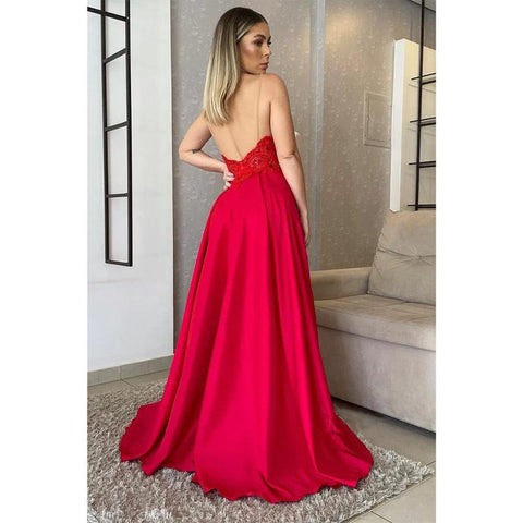 Vestido de noche formal largo con apliques de encaje y tirantes finos para mujer 