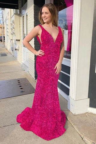 Robe de bal longue sirène rose à sequins et décolleté plongeant en V
