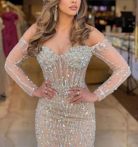 Robe de bal sirène longue bustier en tulle ornée de perles, modèle Y7629