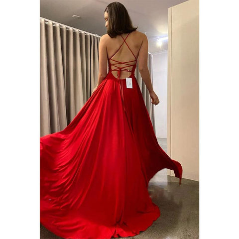 Vestido de fiesta de mujer con tirantes finos, apliques de encaje, corte A y abertura 
