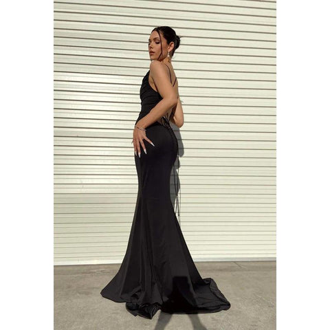 Vestido de fiesta sin mangas con cordones y tirantes de trompeta/sirena de satén