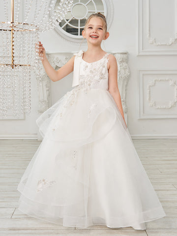 Ball-Gown/Princess Tulle Floor-length First Communion  Flower Girl Dress