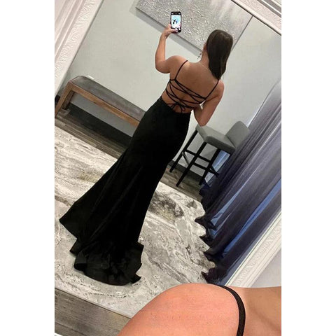 Vestido de noche formal de satén con escote en V, sin mangas y con cuentas, con corte tubo/columna