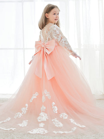 A-line Long Sleeves Lace Tulle Flower Girl Dresses Pink (2003227575)