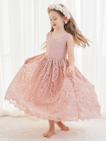 A-line Lace Ankle-length Ivory Boho Flower Girl Dress