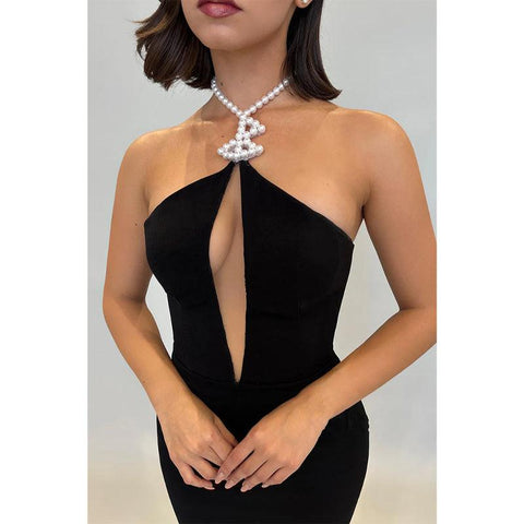 Vestido de noche largo de satén negro con cuello halter y cuentas único 