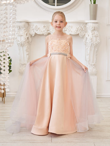 A-line Satin Tulle Sweep Train Champagne Dress (010226776)