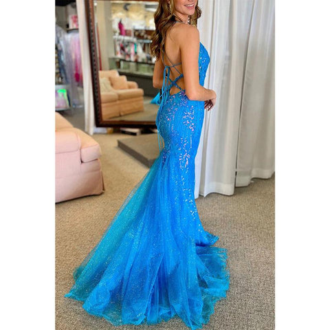 Vestido de fiesta de graduación con tirantes finos brillantes y apliques de encaje estilo trompeta 