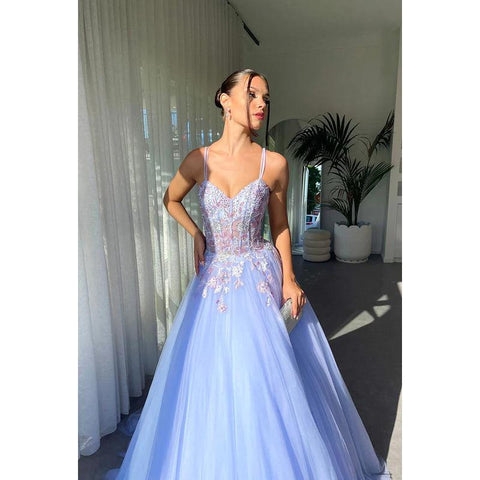 Robe de bal longue trapèze à bretelles spaghetti et col en V avec appliques