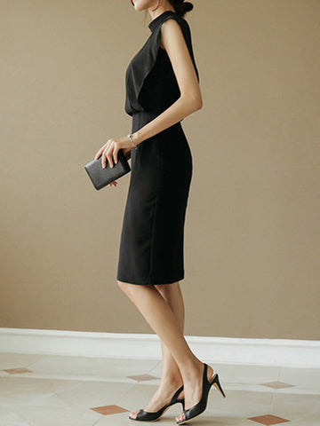 Loose Sleeveless Gauze Hollow See-Through Split-Joint Zipper Stand Collar Evening Dresses Midi Dresses