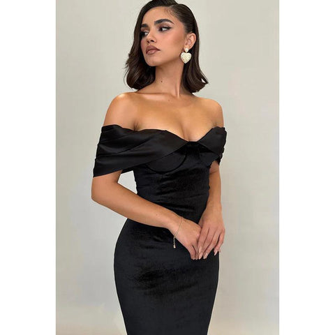 Vestido de fiesta formal de corte trompeta, sencillo y elegante, con hombros descubiertos y mangas cortas