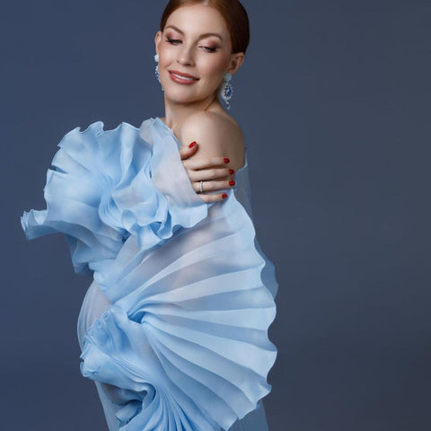 Elegant Blue Pleated Maternity Dresses for Photoshoot Puff Sleeves Sheer Organza Maternity Gown Photography Babyshower Dress