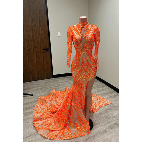 Vestido formal de noche para graduación, corte tubo, cuello alto, lentejuelas, abertura, mangas largas