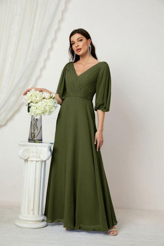 Baoleely  Formal Prom Gown Women V-Neck Chiffon Bridesmaid Dresses Long Bishop Sleeve Party Dress 2807