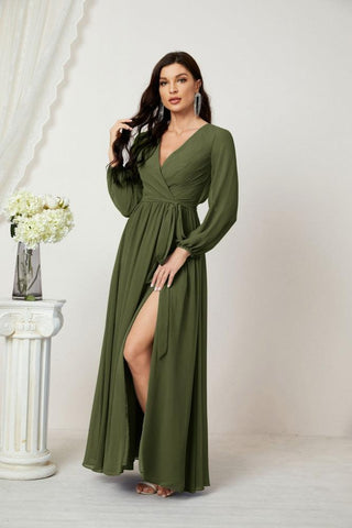 Sunnderly Evening Dresses Deep V-Neck Chiffon Bridesmaid Dresses Long Bishop Sleeve Side Split Formal Dress SY2806